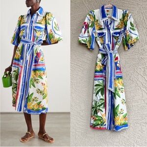 FARM RIO Blue White Tropical Floral Print Puff Sleeve Belted Linen Midi
Dress